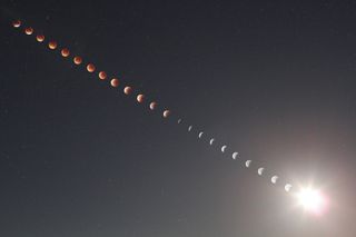 sequence of images show the moon becoming increasingly eclipsed and red in color.