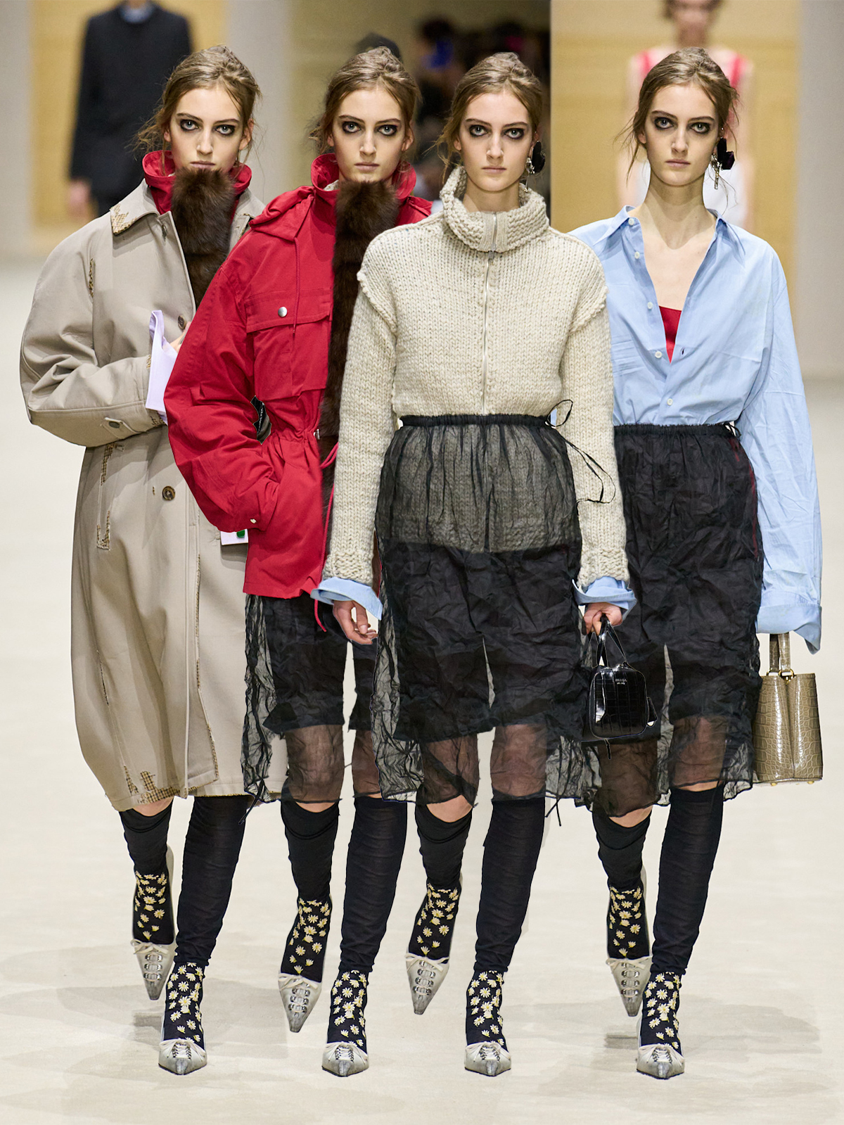 A collage showing four looks from the F/W 26 Prada show worn by the same model.