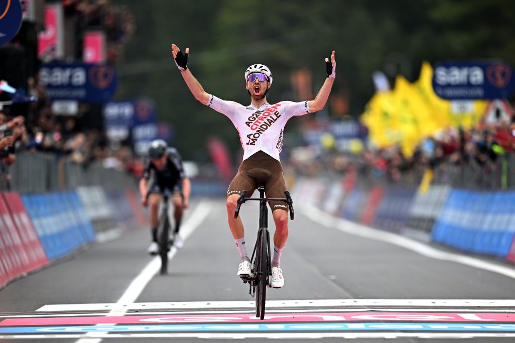LAGO LACENOBAGNOLI IRPINO ITALY MAY 09 Aurlien ParetPeintre of France and AG2R Citron Team celebrates at finish line as stage winner ahead of Andreas Leknessund of Norway and Team DSM during the 106th Giro dItalia 2023 Stage 4 a 175km stage from Venosa to Lago Laceno 1059m Bagnoli Irpino UCIWT on May 09 2023 in Bagnoli Irpino Italy Photo by Stuart FranklinGetty Images