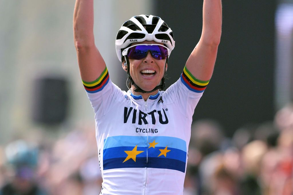 OUDENAARDE BELGIUM APRIL 07 Arrival Marta Bastianelli of Italy and Team Virtu Cycling European Champion Jersey Celebration during the 16th Tour of Flanders 2019 Ronde van Vlaanderen Women Elite a 1592km race from Oudenaarde to Oudenaarde RondeVlaanderen FlandersClassic RVV19 on April 07 2019 in Oudenaarde Belgium Photo by Luc ClaessenGetty Images