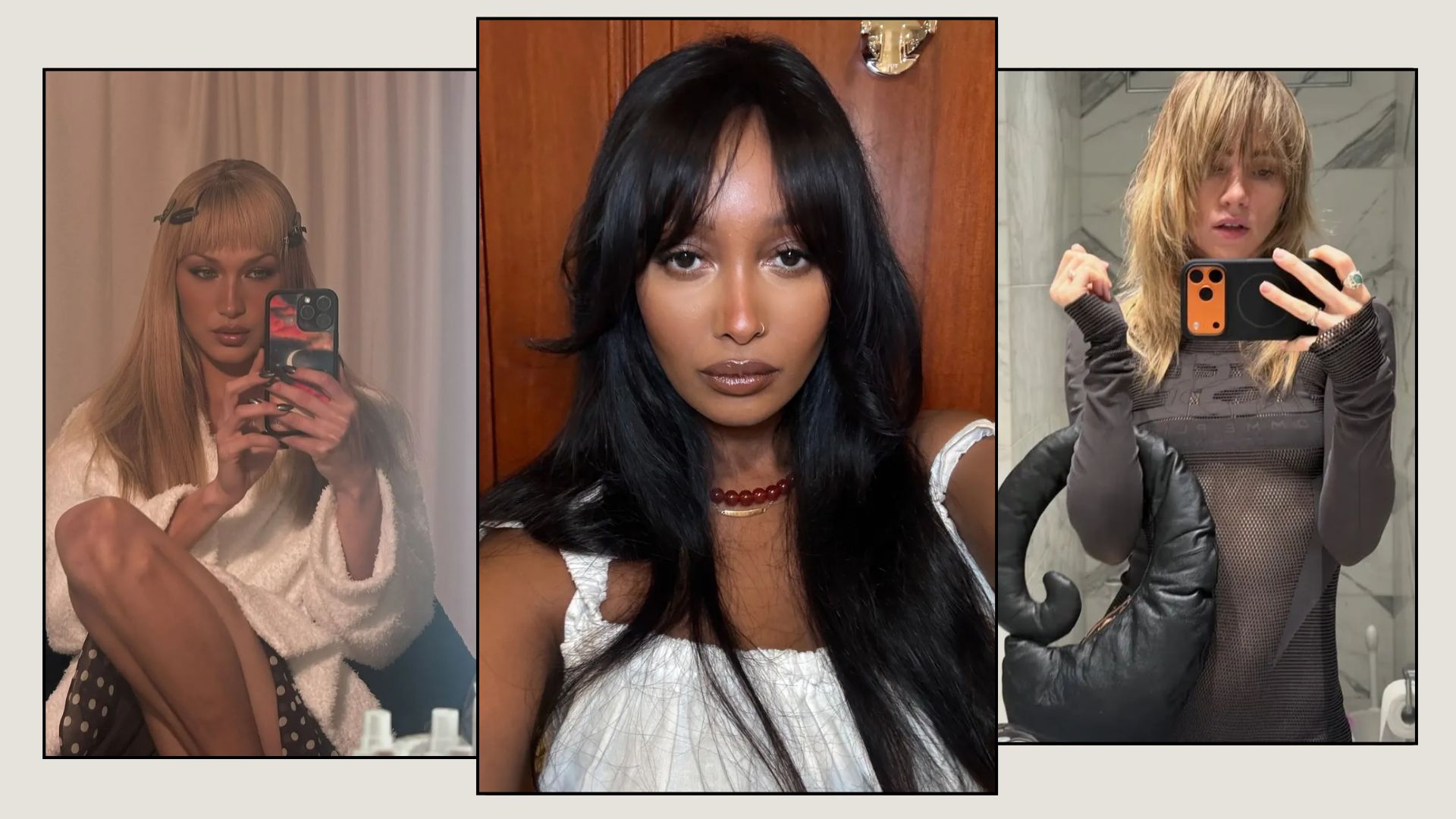 A collage of three women wearing the biggest fringe hair trends of 2026