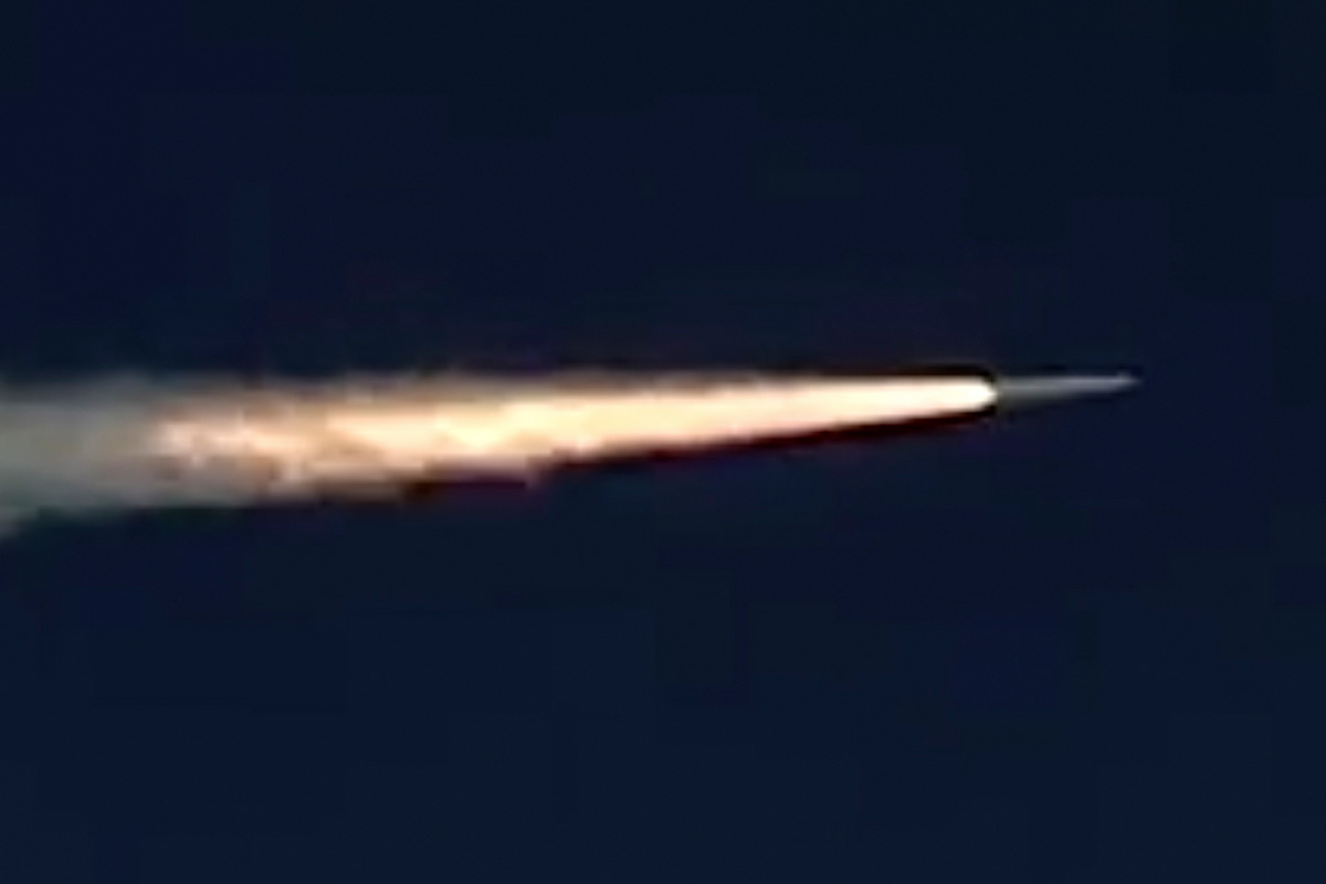 Russia&#039;s Kinzhal hypersonic missile flies during a test in southern Russia on March 11, 2018, shown in this image made from footage taken from the Russian Defense Ministry. The Russian military says it has run a successful test of the Kinzhal missile. 