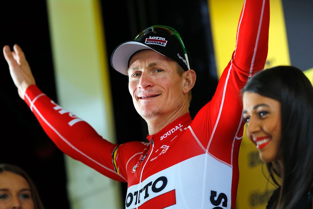 Andre Greipel on the podium after winning stage 5.