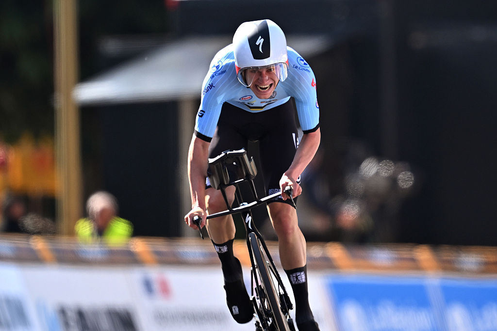 ETOILE-SUR-RHONE, FRANCE - OCTOBER 01: Jonathan Vervenne and Team Belgium crosses the finish line during the 31st UEC Road Cycling European Championships 2025 - Men&#039;s U23 Individual Time Trial a 24km race from Loriol-sur-Rhone to Etoile-sur-Rhone on October 01, 2025 in Etoile-sur-Rhone, France. (Photo by Billy Ceusters/Getty Images)