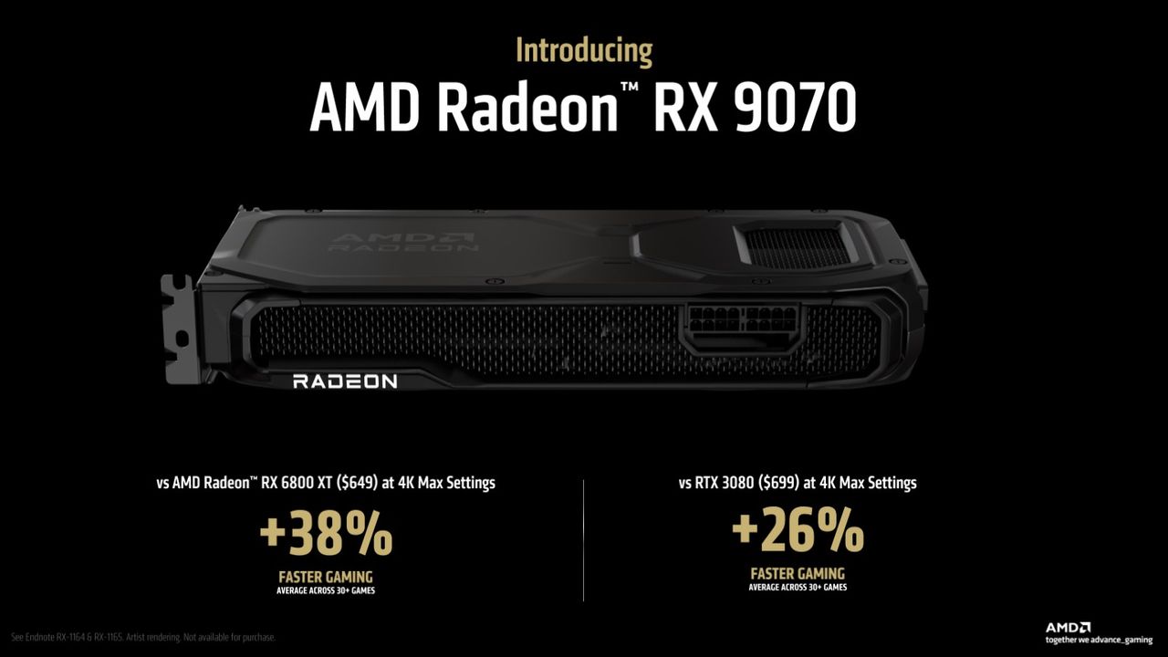 A slide showing the AMD Radeon RX 9070 with performance claims