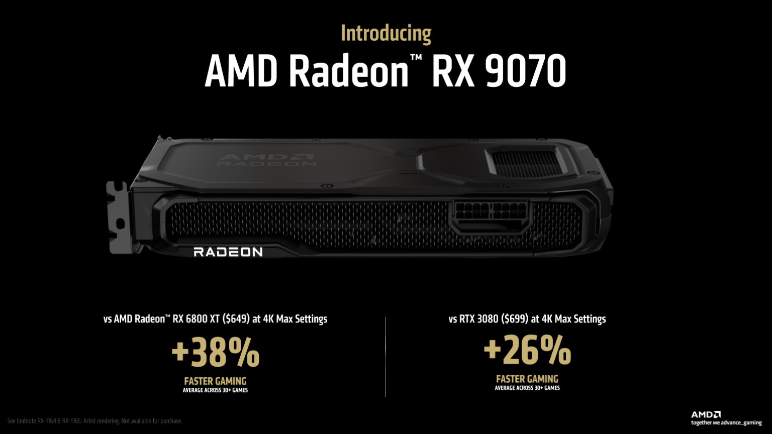 A slide showing the AMD Radeon RX 9070 with performance claims