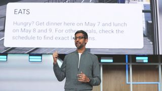 Google CEO Sundar Pichai delivers the keynote address at the 2019 Google I/O conference at Shoreline Amphitheatre