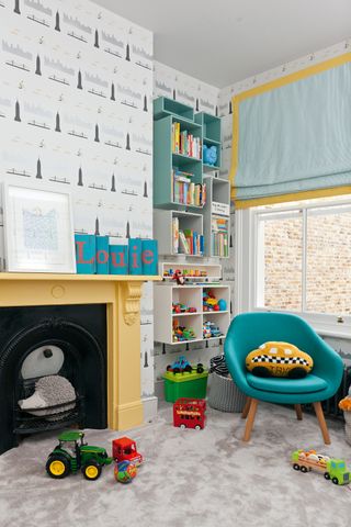Child's playroom with bright turquoise and yellow colour scheme