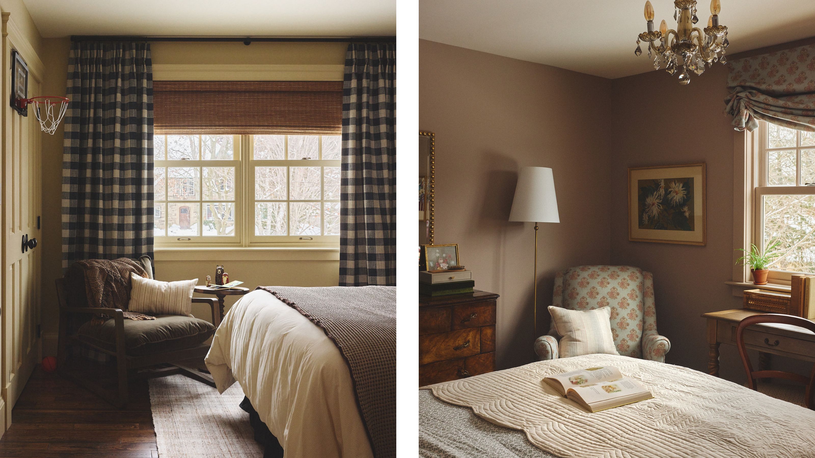 two side by side images of a son and daughter's bedrooms in a layered English-inspired home in toronto