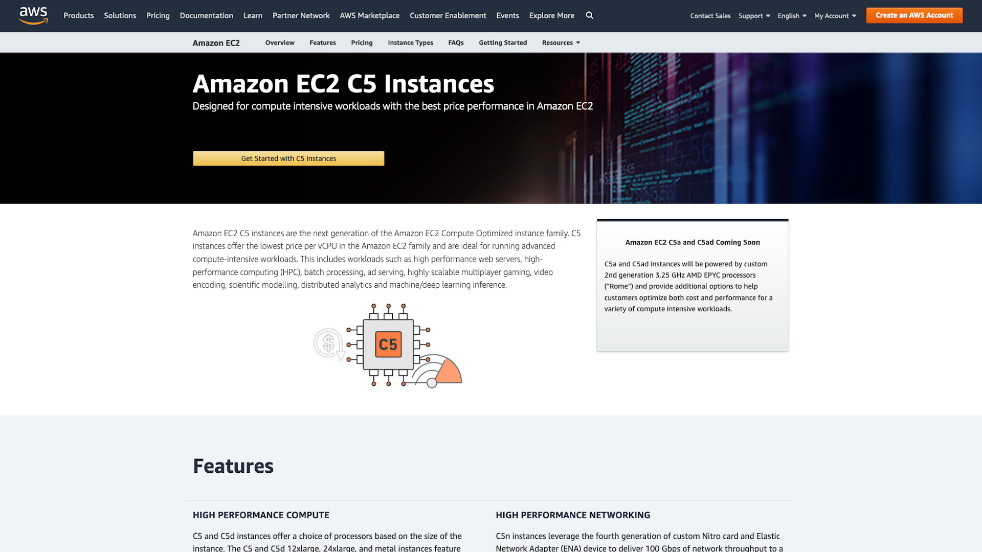 Website screenshot for Amazon EC2 C5 Instances