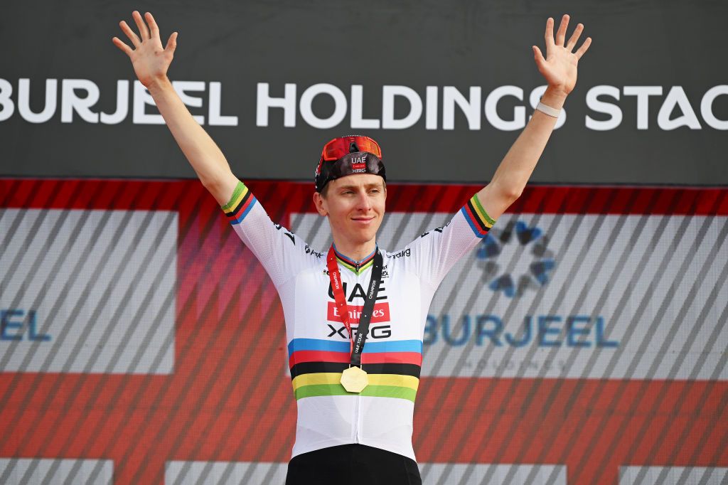 JEBEL HAFEET UNITED ARAB EMIRATES FEBRUARY 23 Tadej Pogacar of Slovenia and UAE Team Emirates celebrates at podium as stage winner during the 7th UAE Tour Stage 7 a 176km stage from Al Ain Hazza Bin Zayed Stadium to Jebel Hafeet 1031m UCIWWT on February 23 2025 in Jebel Hafeet United Arab Emirates Photo by Dario BelingheriGetty Images