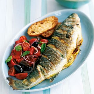 Roasted Bass with Tomato Salad and Crispy Parmesan Croutons