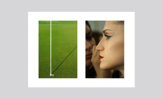 LEFT: Putting green on a gold course . RIGHT: The side view of a model's face getting her makeup done by a makeup artist in a fashion show
