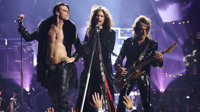Yungblud, Steven Tyler, and Joe Perry perform during a tribute to Ozzy Osbourne at the 2025 MTV Video Music Awards at UBS Arena on September 07, 2025 in Elmont, New York