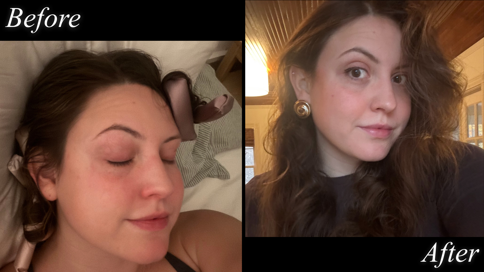 Sophia Vilensky before (during) and after testing one of the best heatless curlers.