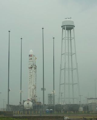 The Antares rocket is shown on its launch pad on Wallops Island, Virginia.