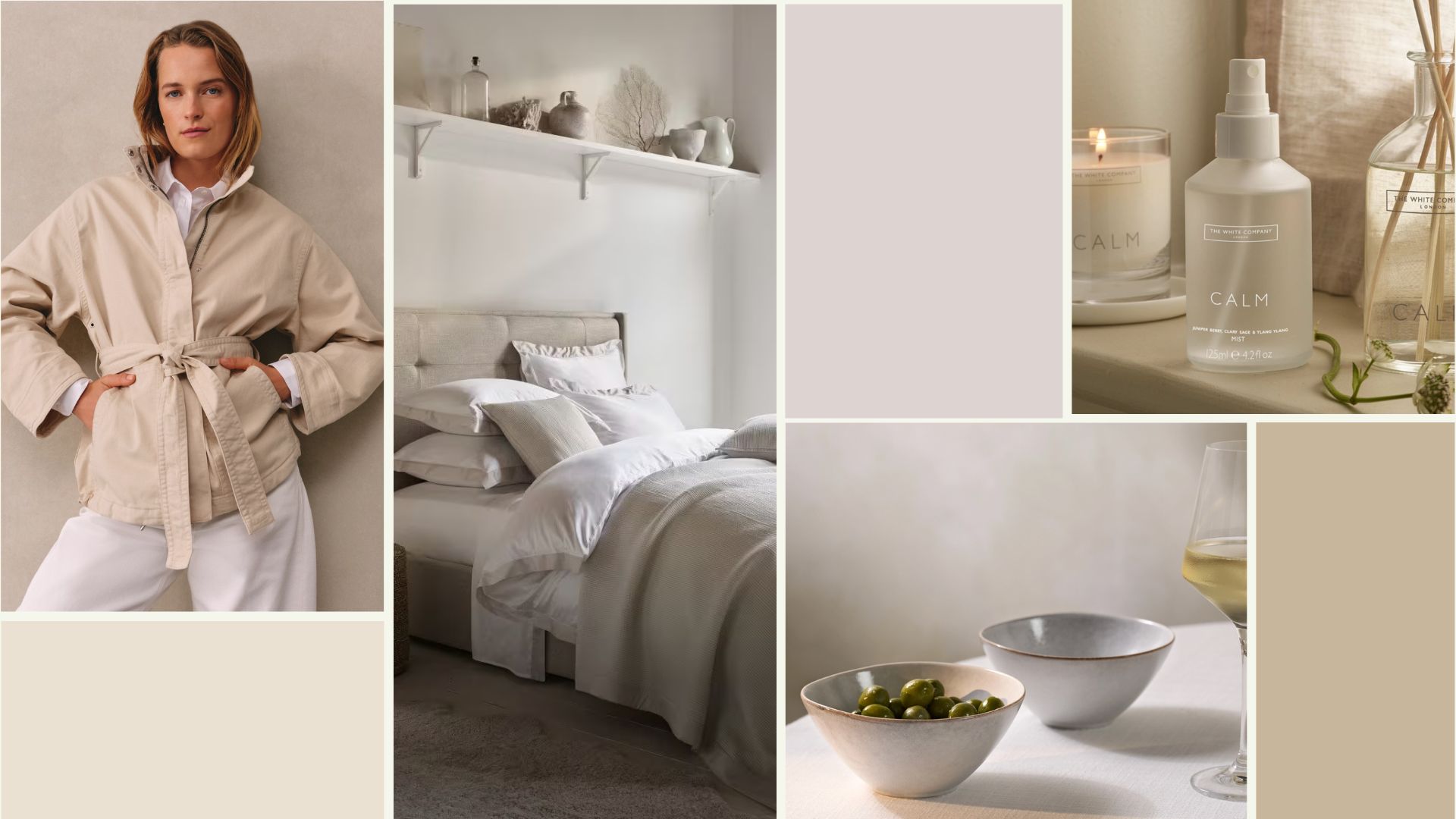 A coat, some bedding, bowls, and a mist that are all in The White Company sale