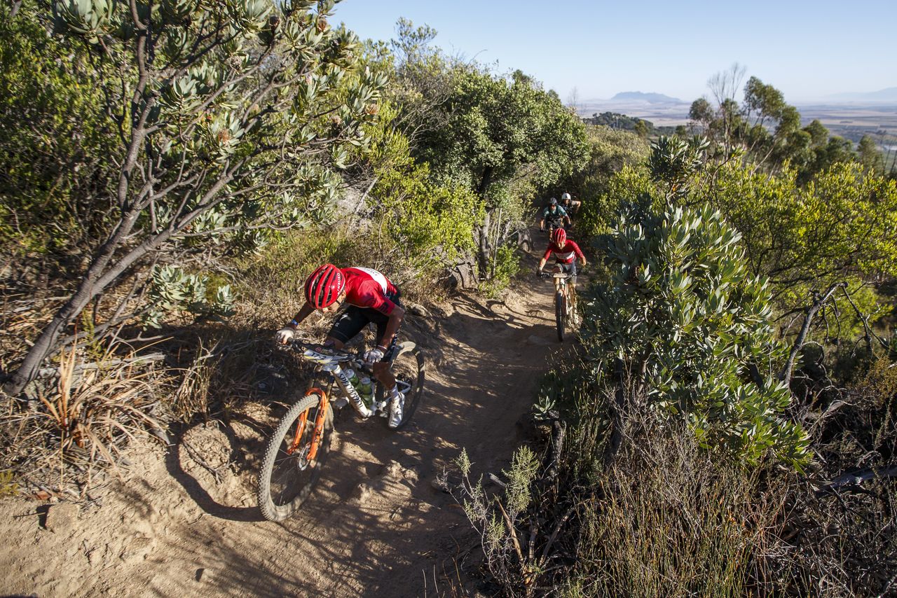 South Africans Marco Joubert and Tristan Nortje ride on stage 3 en route to third on the day for UCI men at the 2025 Absa Cape Epic Mountain Bike stage race held at Fairview, Paarl, Cape Town, South Africa on the 19th March 2025. Photo by Sam Clark/Cape EpicPLEASE ENSURE THE APPROPRIATE CREDIT IS GIVEN TO THE PHOTOGRAPHER AND ABSA CAPE EPIC