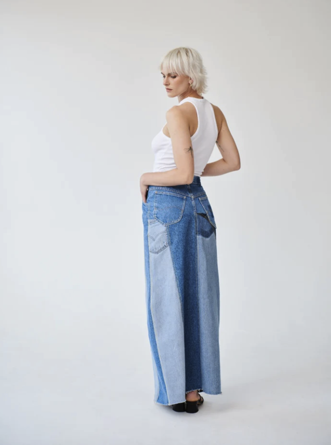 Fanfare, High Waisted Upcycled Patchwork Denim Long Skirt With Slit