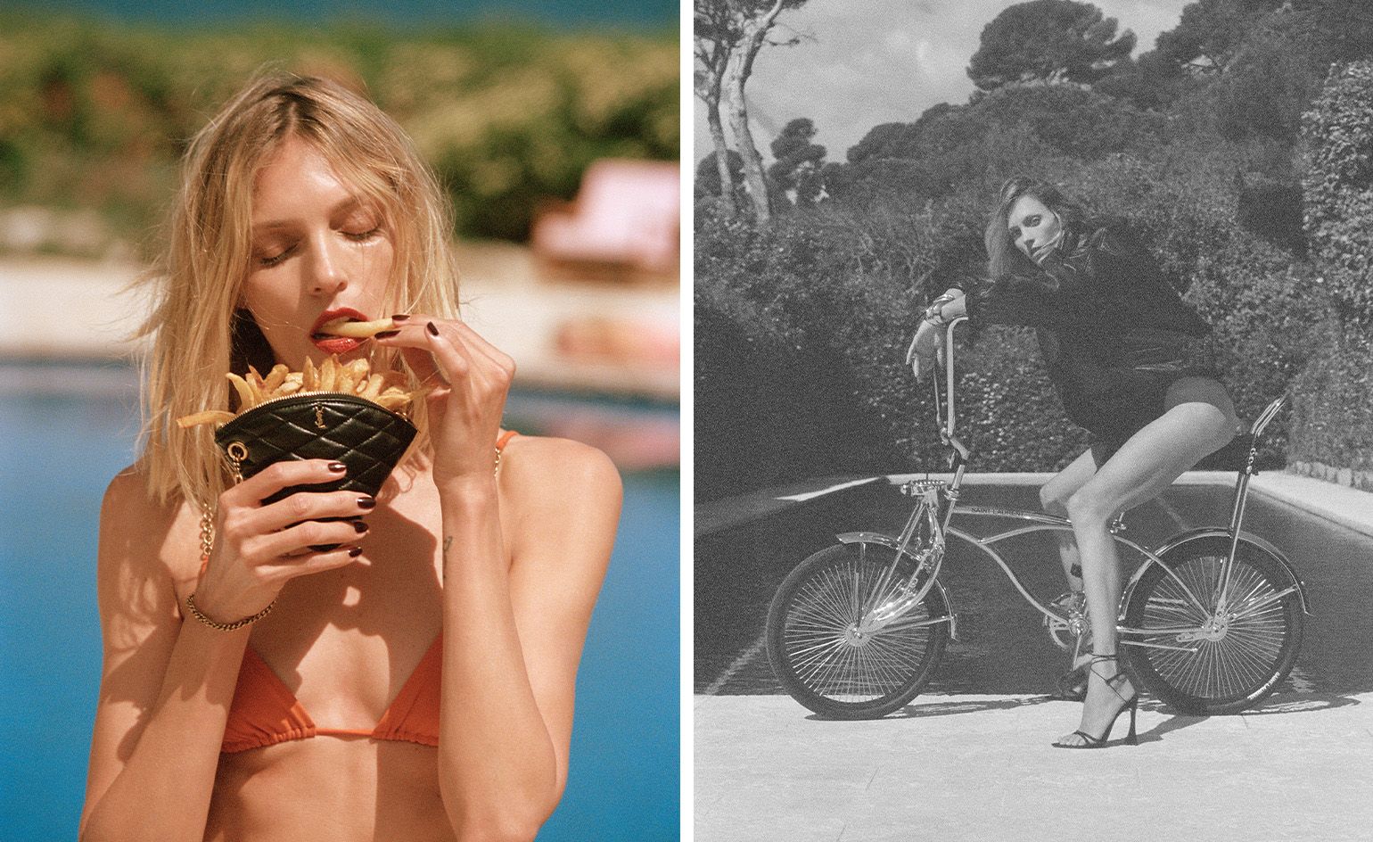 Model eating chips in swimwear