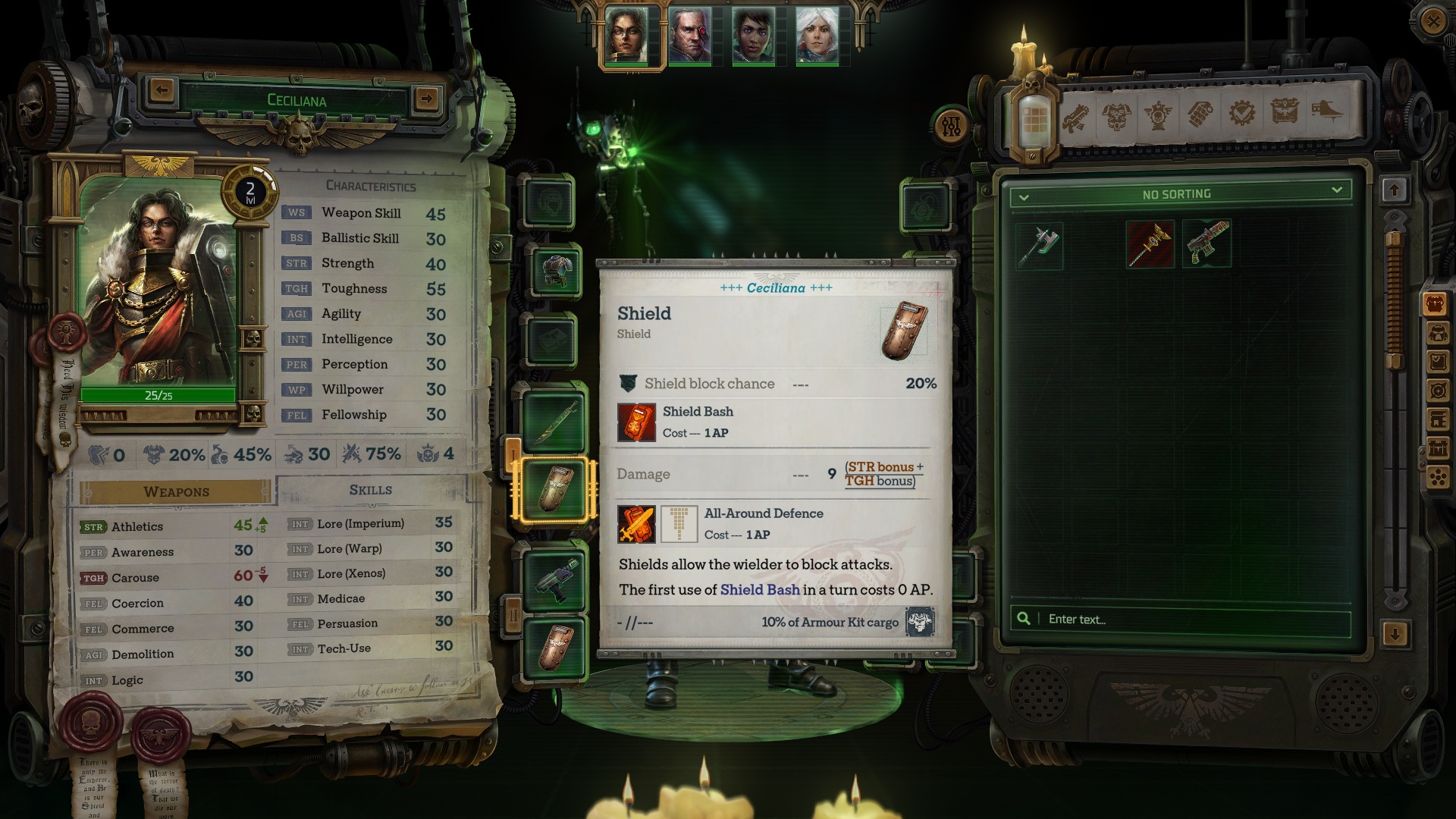 In-game screenshot of the player picking up a Shield in Warhammer 40,000: Rogue Trader