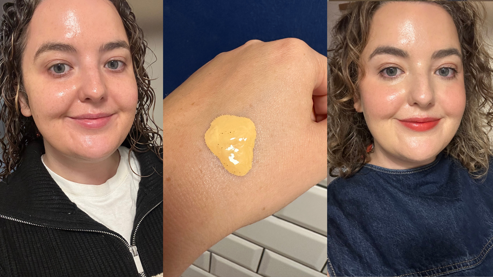 Trio of images showing Rhiannon before applying Too Faced Born This Way Foundation (left) the product on the back of her hand (centre) and wearing the foundation with a full face of makeup (right)