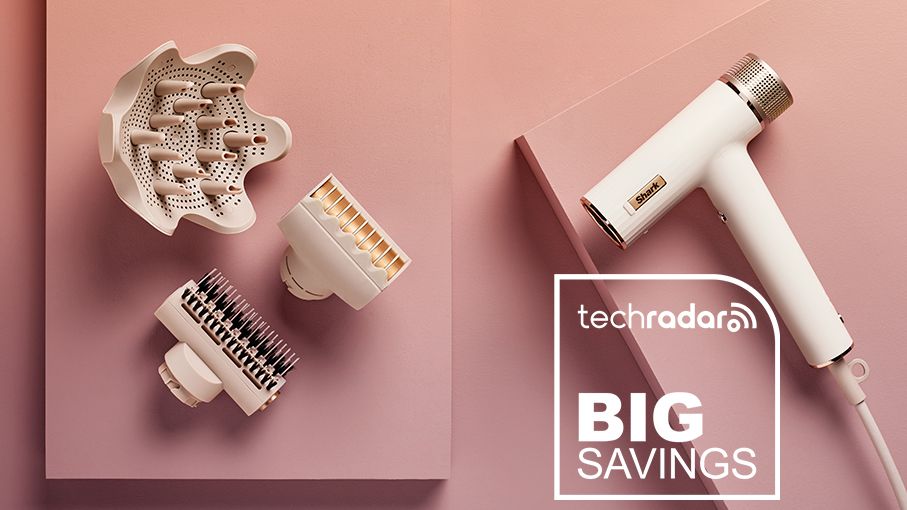 Shark SpeedStyle hair dryer and its attachments on a pink display with the TechRadar deals logo for Big Savings