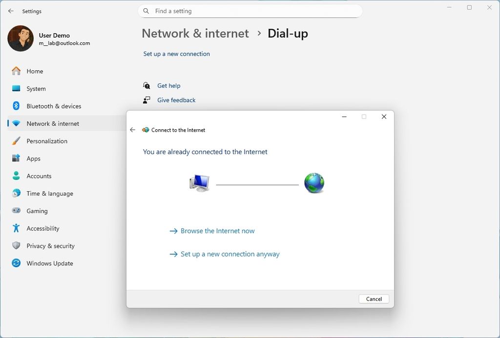 Windows 11 Dial-Up settings