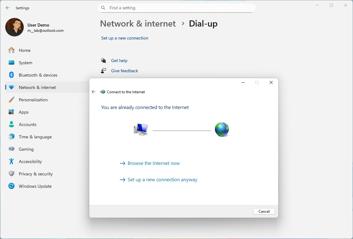 Windows 11 Dial-Up settings