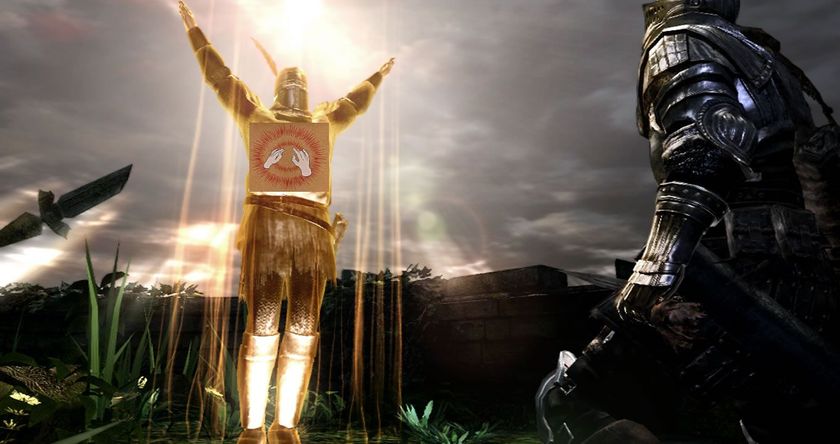 An image of Dark Souls showing Solaire praising the sun.