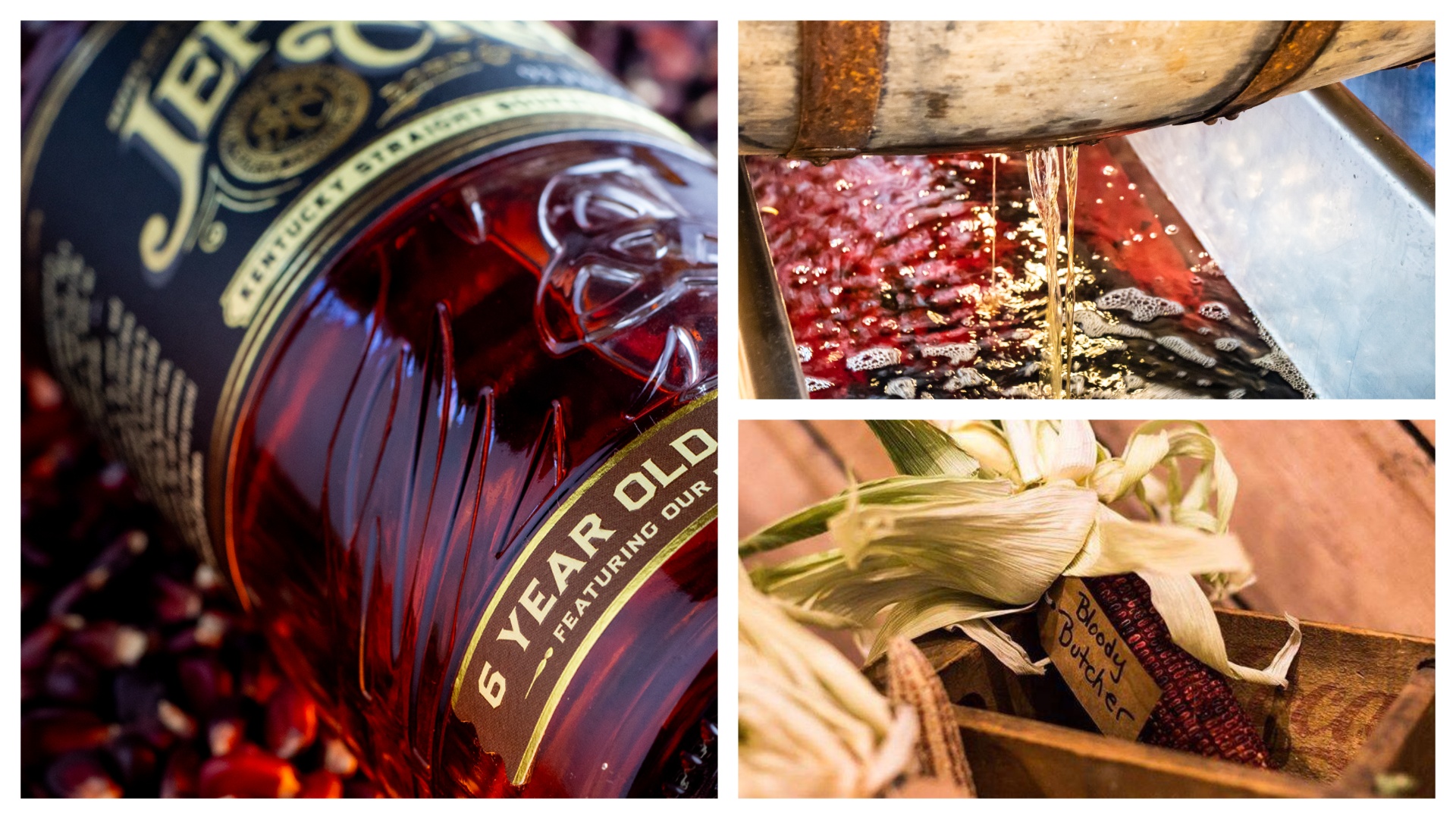 A collage including a bottle of Jeptha Creed bourbon, it being poured from a barrel, and the corn made to use it