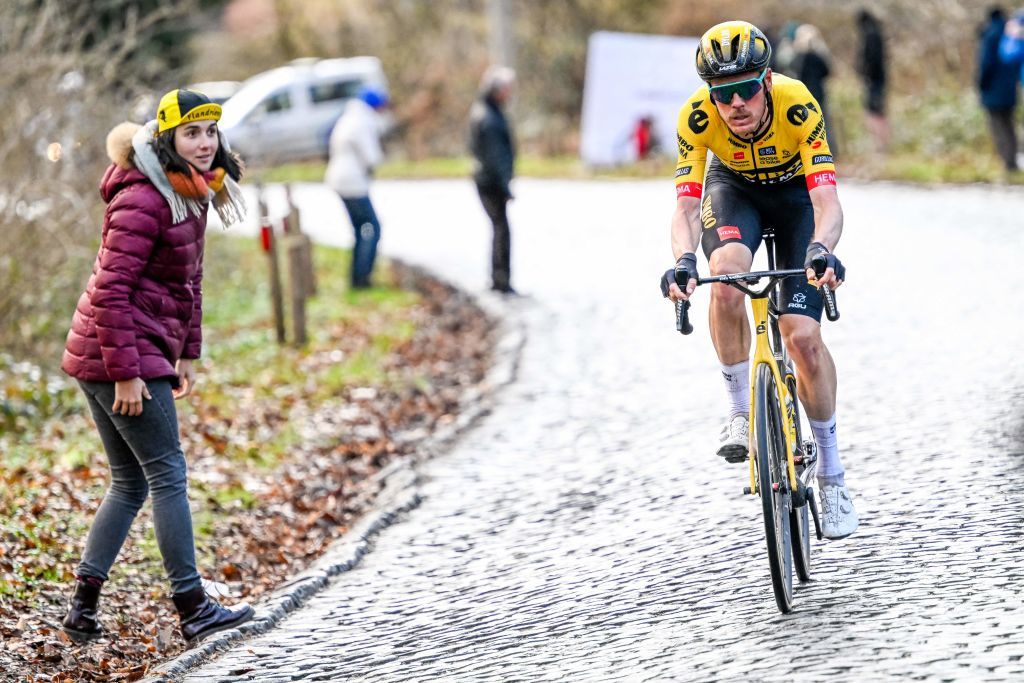 Dylan van Baarle (Jumbo-Visma) during his winning effort at Omloop Het Nieuwsblad last month