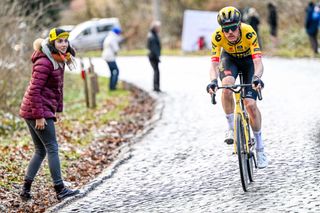 Dylan van Baarle (Jumbo-Visma) during his winning effort at Omloop Het Nieuwsblad last month