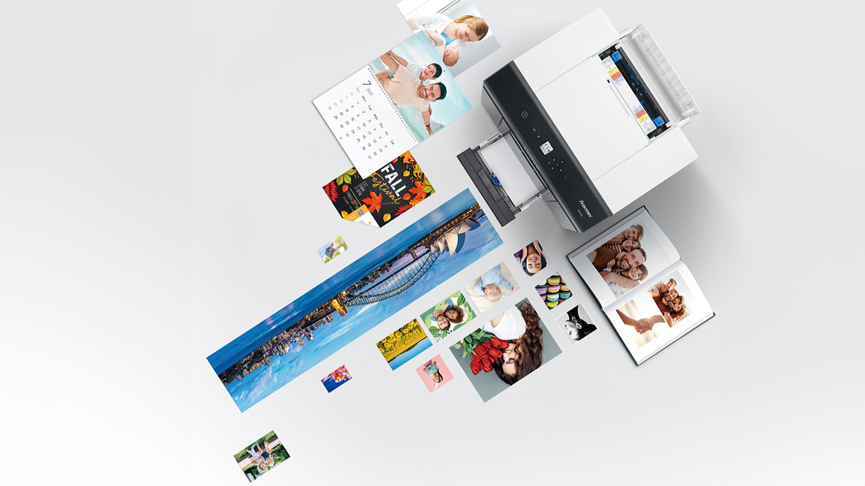 The Fujifilm Frontier DX400W with prints on a white background; background expanded uses Adobe Firefly