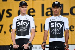 Team Sky's Chris Froome and Egan Bernal on stage at the 2018 Tour de France team presentation