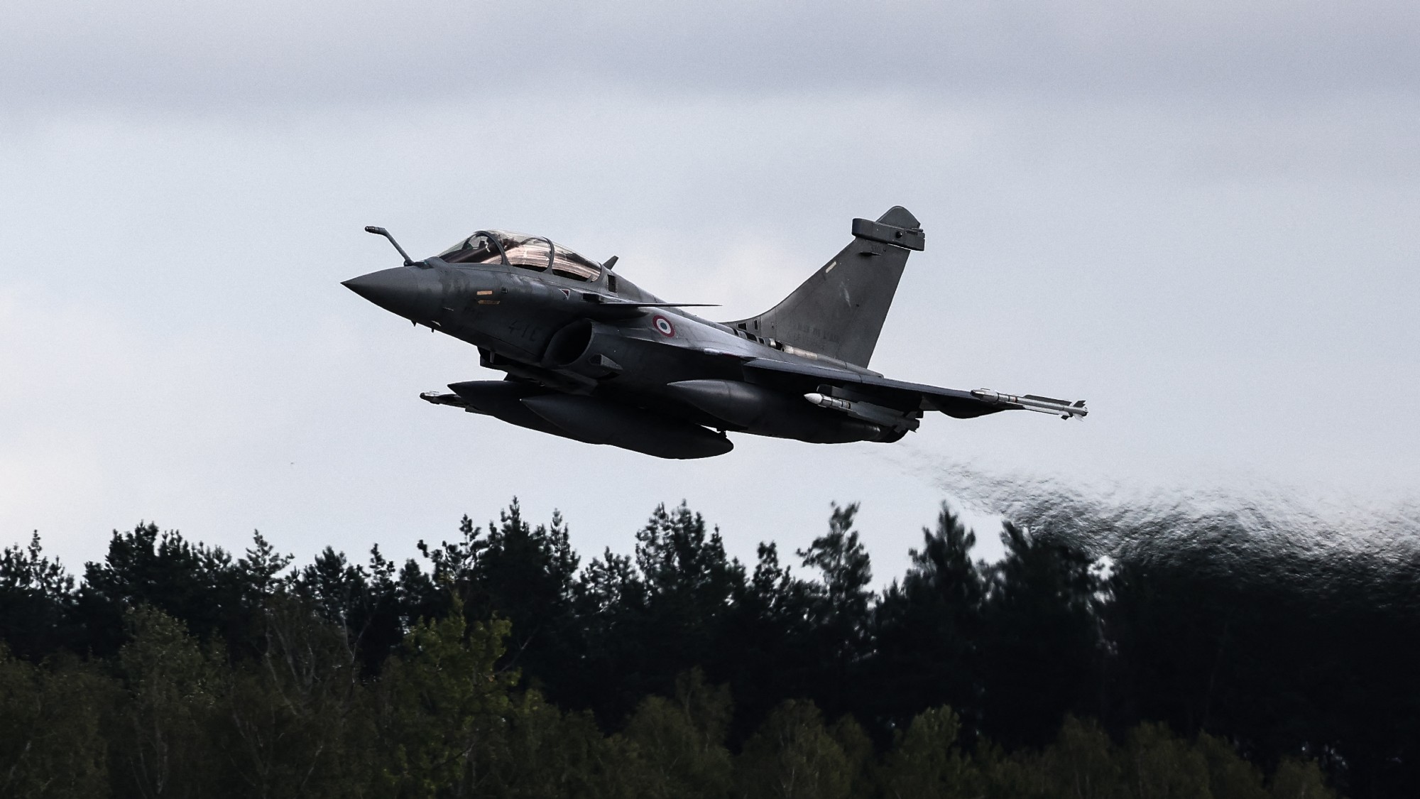 A French Rafale fighter jet takes off during a Nato joint mission with Polish F16s at an air base in eastern Poland
