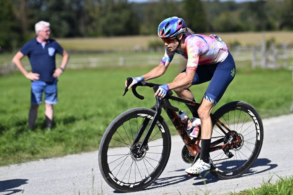 UCI Womens WorldTeam CanyonSRAMs Australian rider Tiffany Cromwell cycles during the elite race at the European and Belgian Gravel Championships in Heverlee Leuven on October 1 2023 Photo by JASPER JACOBS Belga AFP Belgium OUT Photo by JASPER JACOBSBelgaAFP via Getty Images