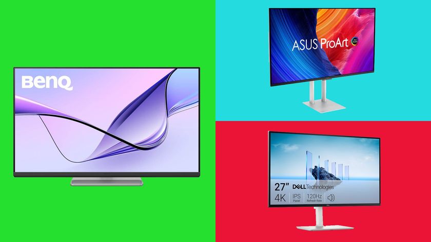 Three of the best monitors for MacBook Pro on a green background