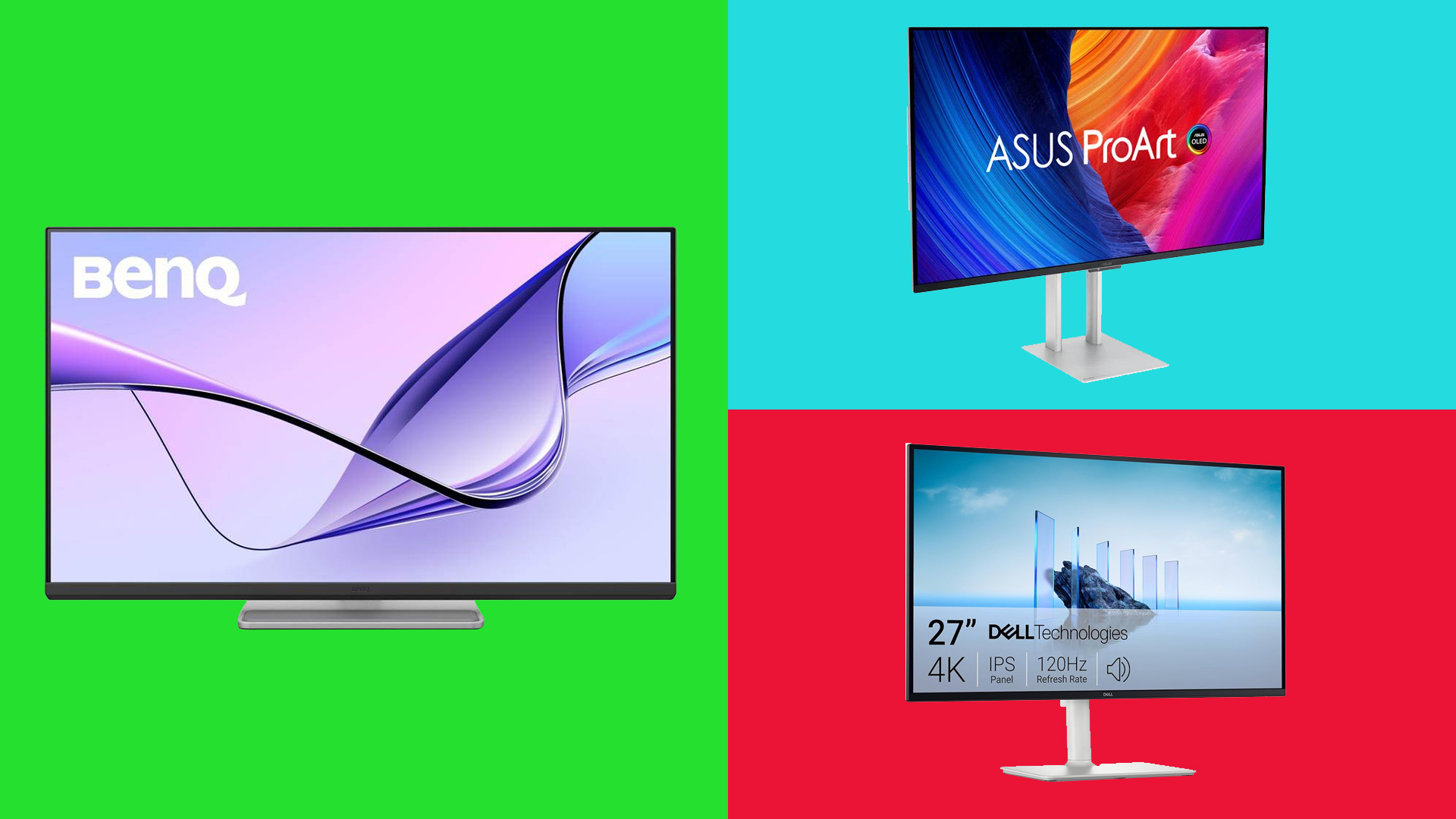 Three of the best monitors for MacBook Pro on a green background