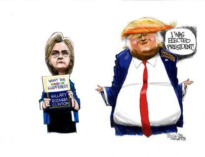 Political cartoon U.S. 2016 election Trump Clinton book