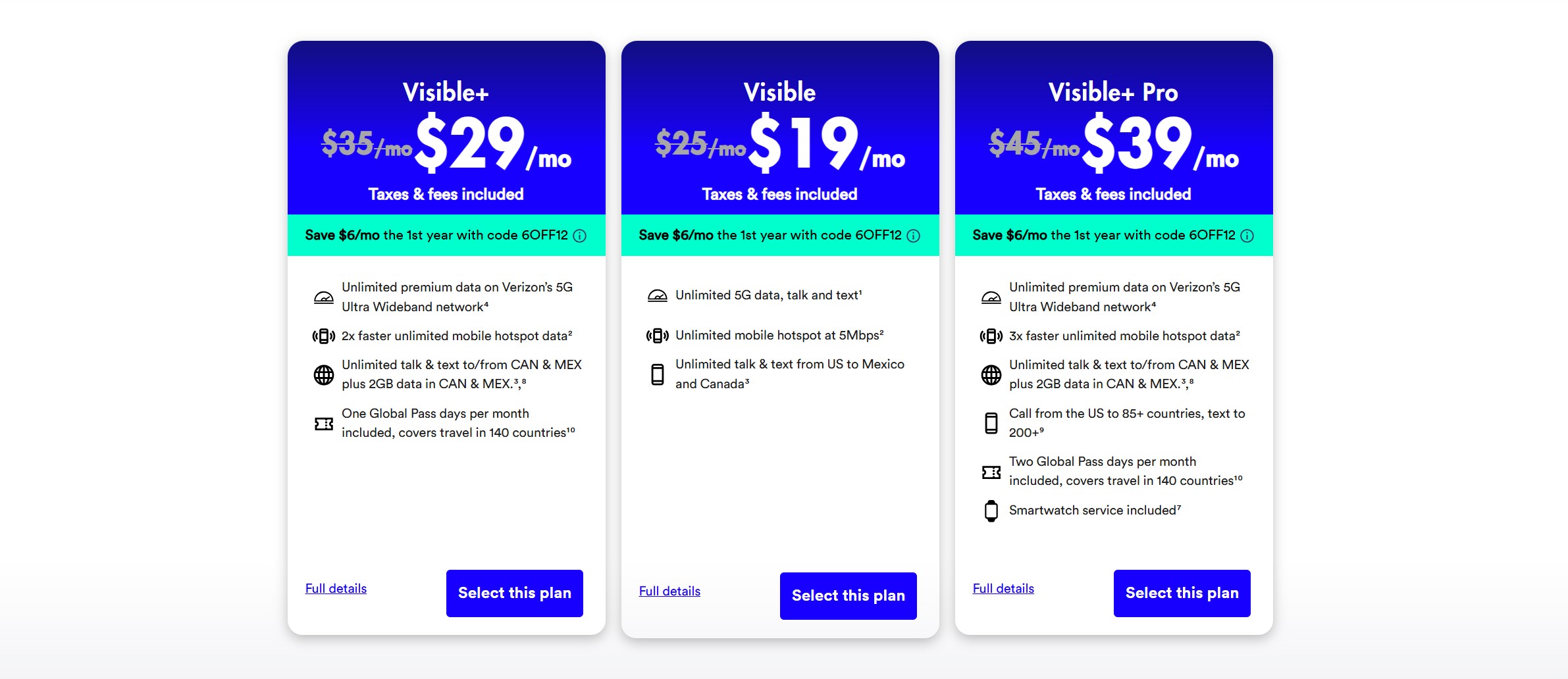 Visible July 2025 deal breakdown of cell phone plans.