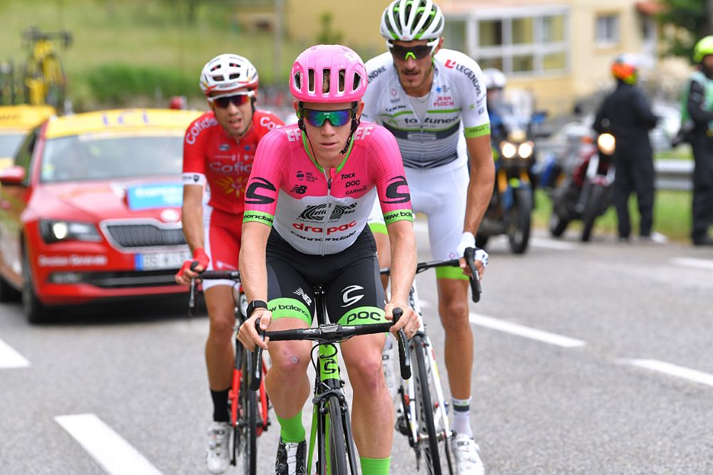 Nicolas Edet (Cofidis, Solutions Credits), Brice Feillu (Fortuneo-Samsic), Lawson Craddock (EF Education First-Drapac) in the breakaway during stage 1 at Criterium du Dauphine