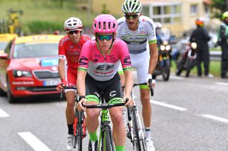 Nicolas Edet (Cofidis, Solutions Credits), Brice Feillu (Fortuneo-Samsic), Lawson Craddock (EF Education First-Drapac) in the breakaway during stage 1 at Criterium du Dauphine