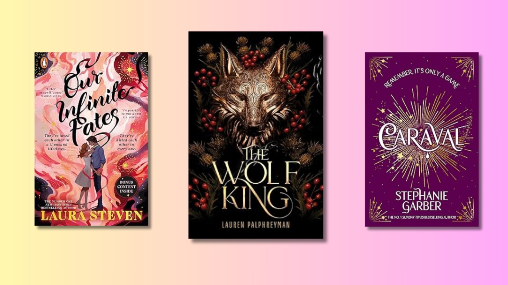 Three different book covers on a yellow and pink background 