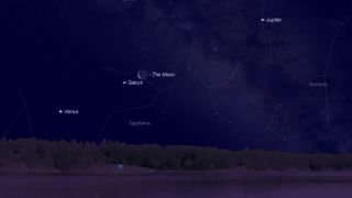 Saturn will make a close approach to the moon on Friday, March 1, at 1:28 p.m. EST (1828 GMT). Skywatchers in the U.S. won't be able to see the pair at that time of day, but early risers can enjoy the view before dawn. This sky map shows where the planets will be as seen from New York City at 5:30 a.m. local time, or about an hour before sunrise. 