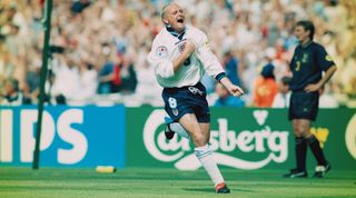 LONDON, UNITED KINGDOM - JUNE 15: England player Paul Gascoigne celebrates after scoring the second goal during the European Championship Finals group match between England and Scotland at Wembley, on June 15 1996 in London, England. England won the match 2-0. (Photo by Stu Forster/Getty Images)