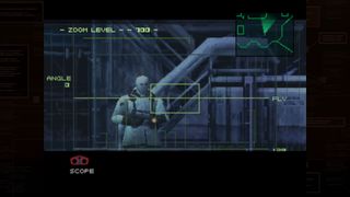 Solid Snake uses his scope to view a guard in the Master Collection release of Metal Gear Solid