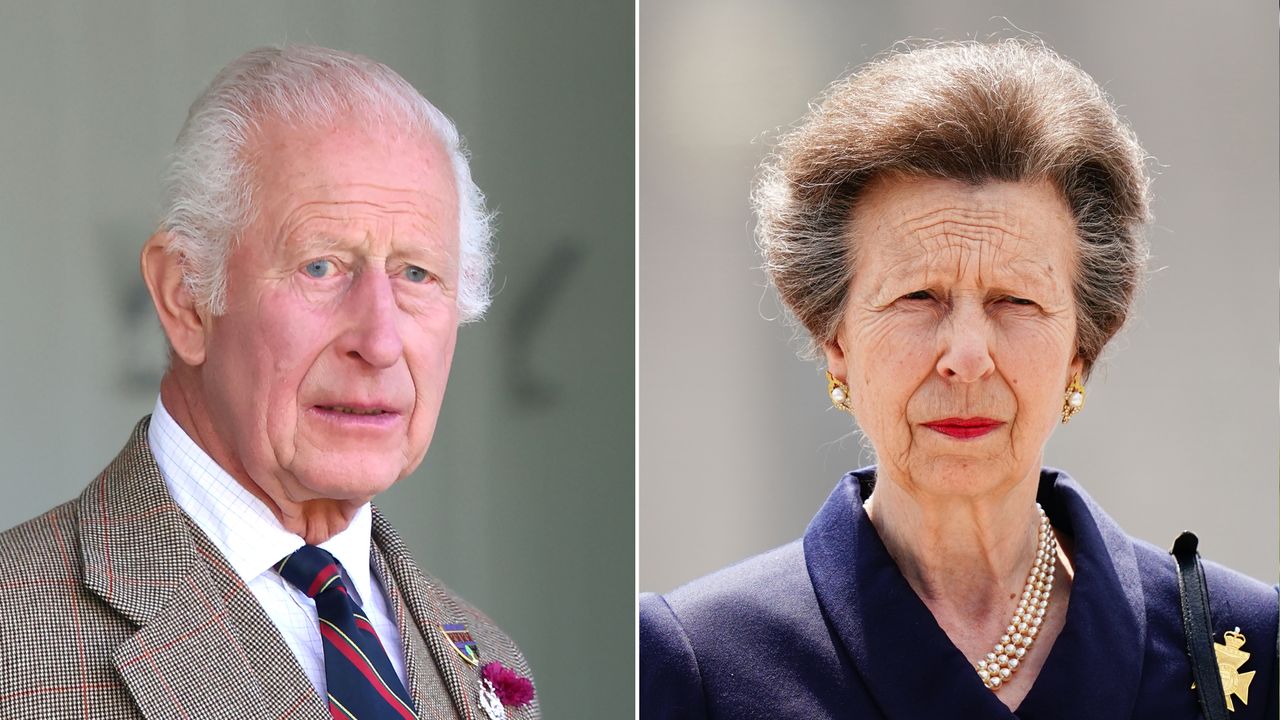 King Charles wears a tweed suit and looks worried, Princess Anne wears a navy suit jacket and looks stern