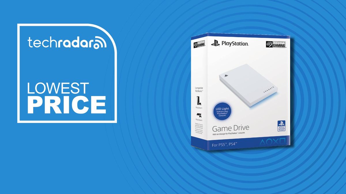 The Seagate Game Drive External SSD for PS5 box on a blue background with white lowest price text