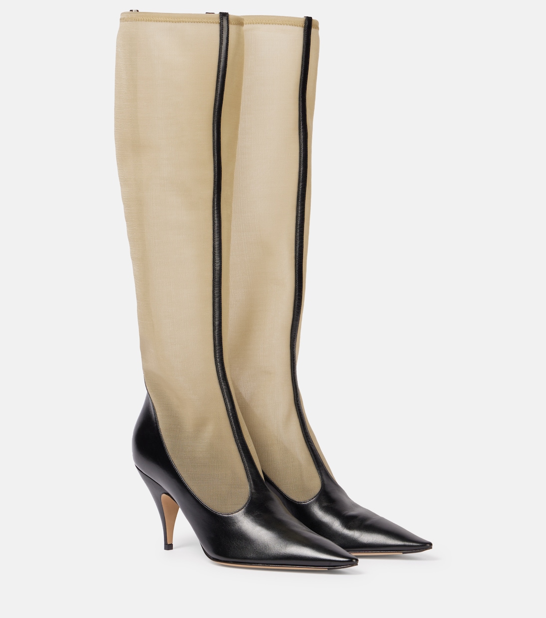 Mesh and Leather Knee-High Boots